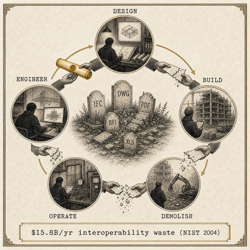Data that dies at every handover — the interoperability gap.