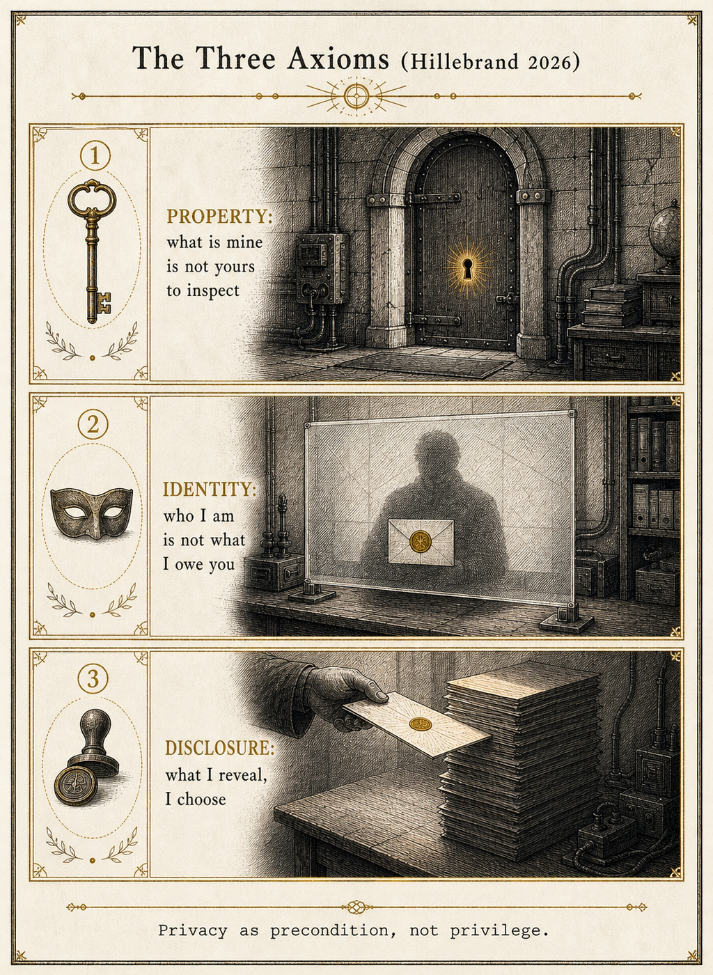 The three axioms — property, identity, disclosure.