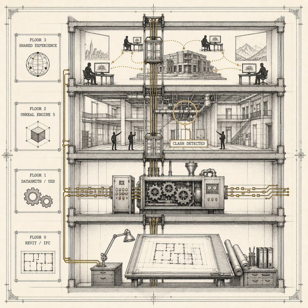 The BIM-to-engine pipeline — from drafting table to shared world.