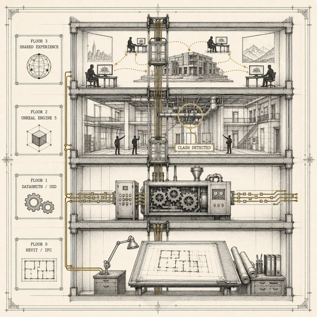The BIM-to-engine pipeline — from drafting table to shared world.
