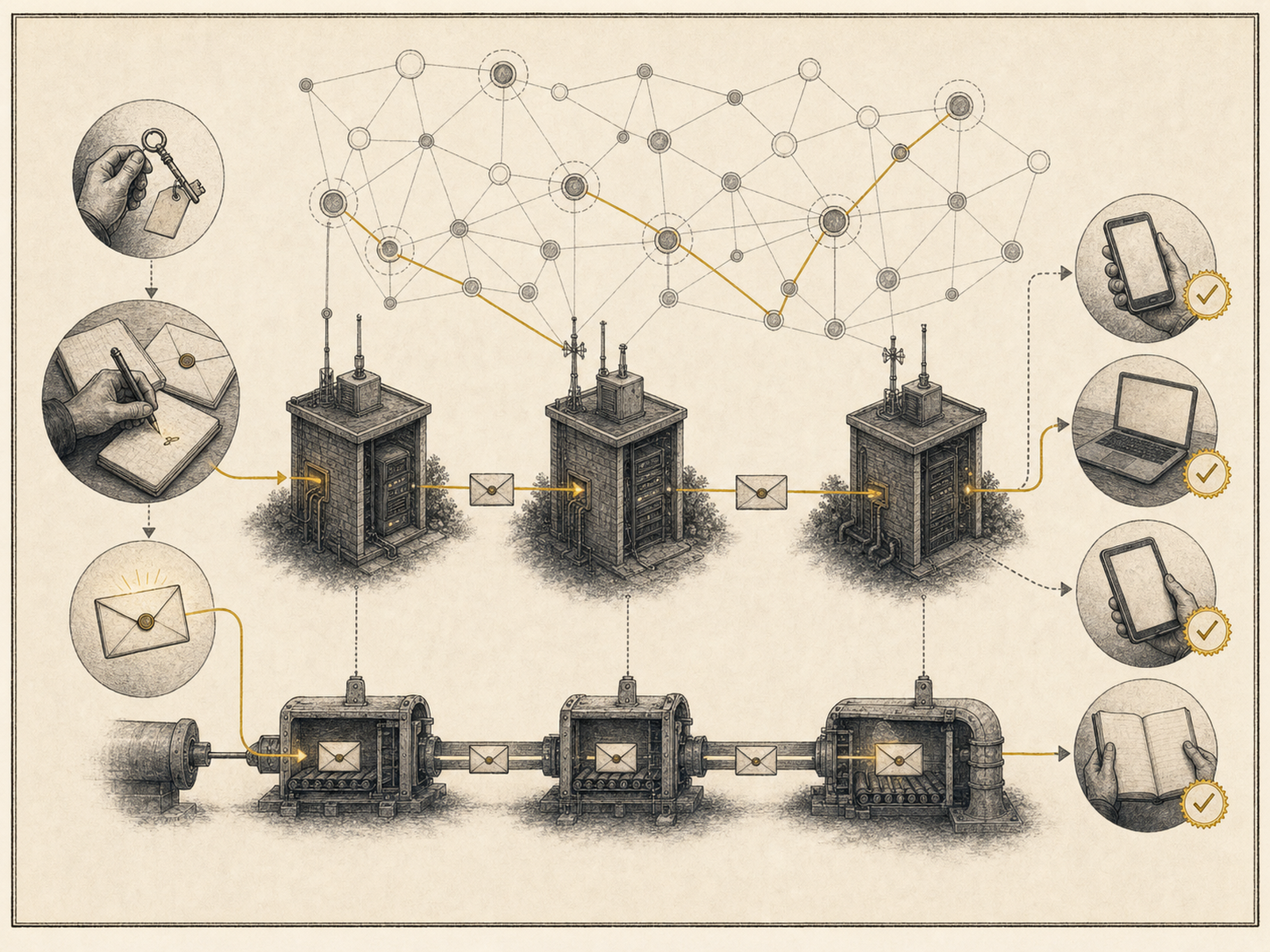 Notes and other stuff, transmitted by relays — the protocol on one canvas (illustration: @awayuki).