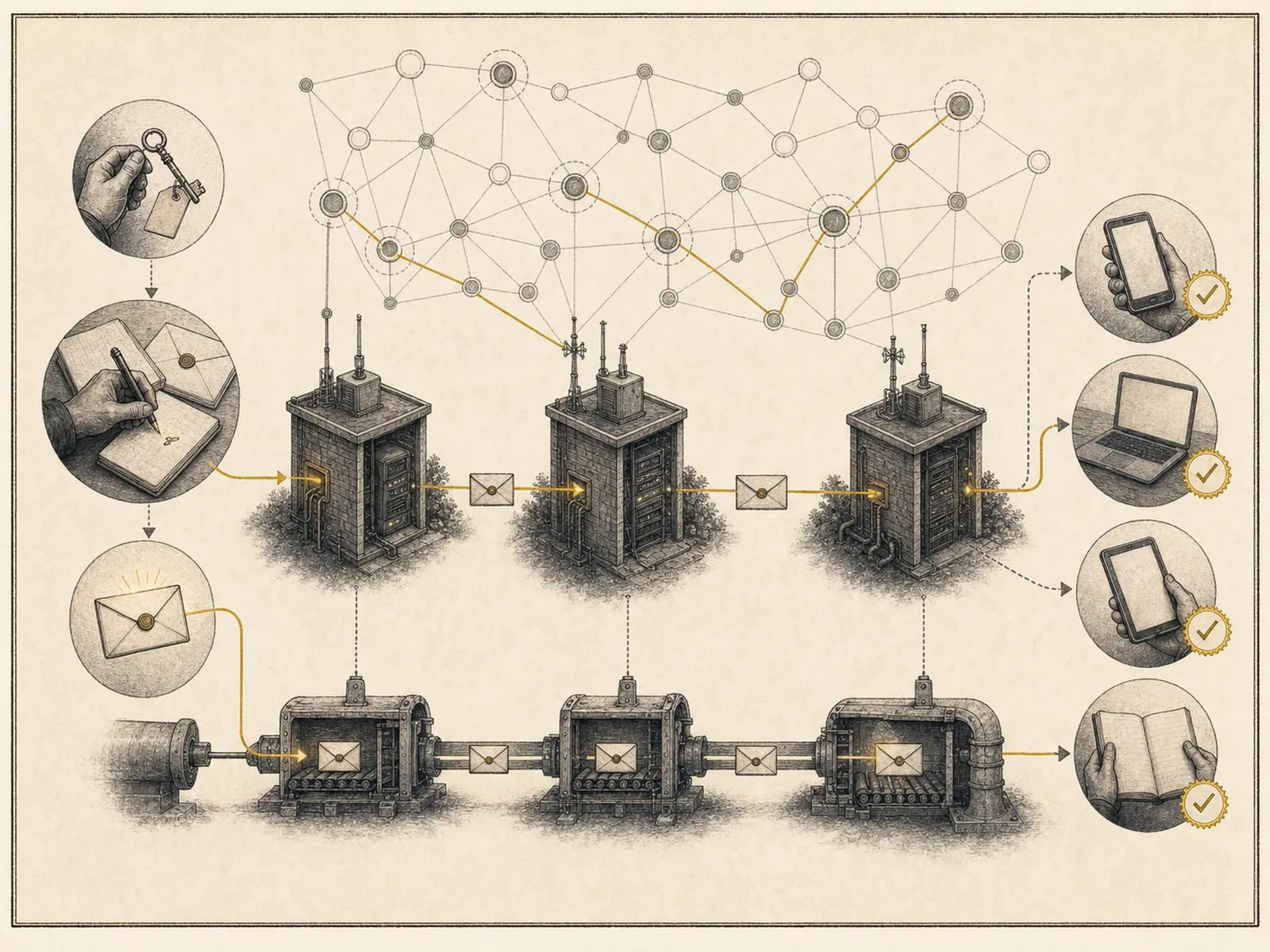 Notes and other stuff, transmitted by relays — the protocol on one canvas (illustration: @awayuki).